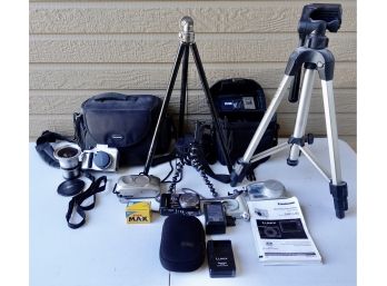 Assorted Digital And Film Cameras Including Olympus C-700 With A Wide Angle Lens, & More