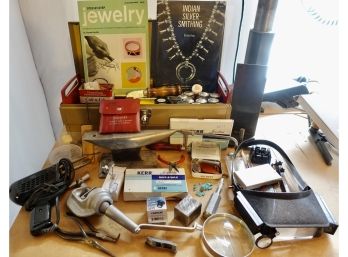 Assorted Jewelry Making Supplies And Books Including Anvil