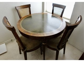 36' Leather Top Game Table With 4 Caned Chairs And A Cover.