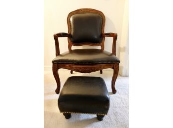 Reproduction Chair And Ottoman With What Appears To Be Leather But Could Be Faux