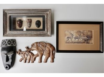 African Themed Wall Art Including Carved Wood Elephants, Ghanan Carved Mask, & More