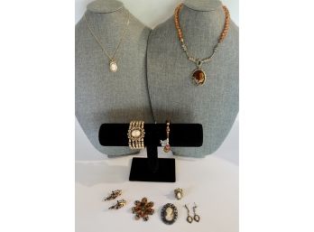Victorian Style Necklaces, Ring, Pin, & Bracelets  In Earth Tones