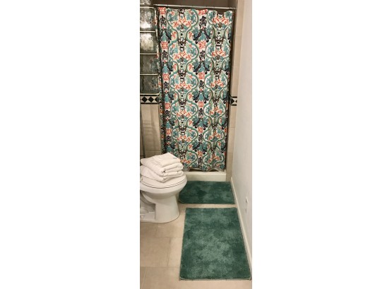 Bath Linens, Including Shower Curtain, 2 Bath Mats, & White Towel Set