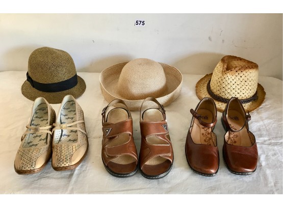3 Pairs Women's Shoes (Sz 38-40) & 3 Straw Hats