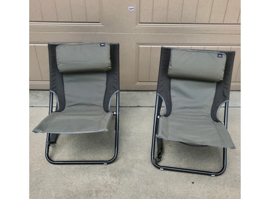 2 REI Low Folding Camp/Festival Chairs W/Built In Pillow, Pocket, & Tote Strap