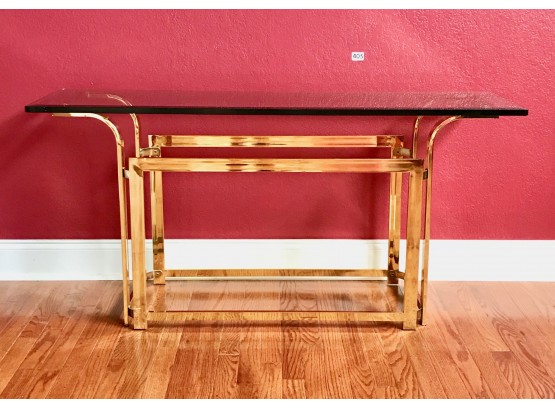 Lovely Brass Finish Sofa Table W/Thick Beveled Glass Top