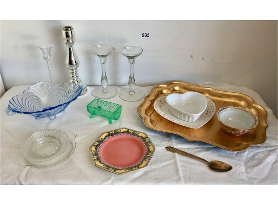Assorted Serving Pieces, Candleholders, & Decor