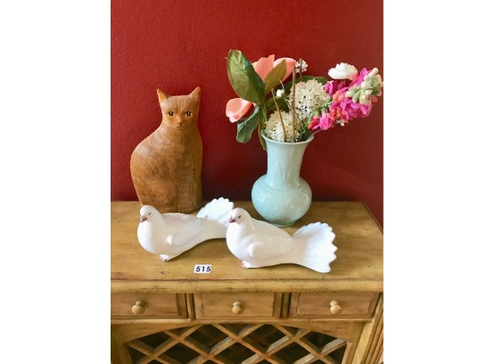 Beautiful Celadon Vase, Ceramic Cat, & 2 Ceramic Doves