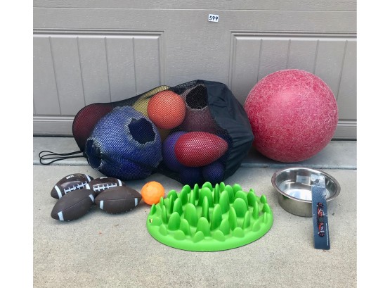 Assorted Dog Training Balls, Slow Feeder, Dog Bowl, & Collar