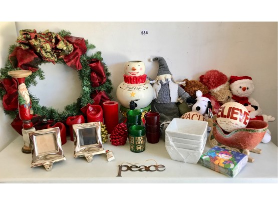 Christmas Decor Including Wreath, Candleholders, Drink Dispenser, & More