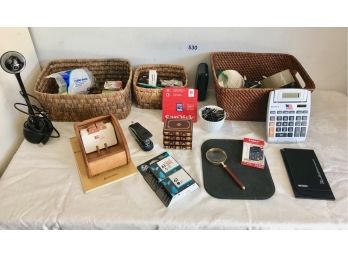 Office Supplies In 3 Wicker Baskets, Printer Ink, Memory Card, Magnifying Glass, & More