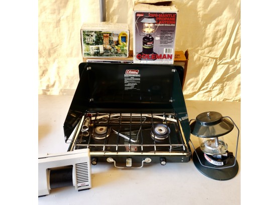 Like New Coleman Camp Stove With Coleman Propane Lantern & Webster Electric Air Compressor