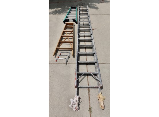3 Ladders Including Werner Fiberglass 6' Step Ladder, & 32' Aluminum Extension Ladder, & 6' Wood Step Ladder