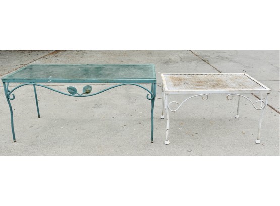 2 Vintage Metal Patio Tables, One With Glass Top