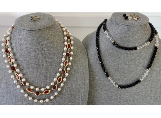 Beaded Necklaces, Earrings And Costume Ring With Navy Blue Stone