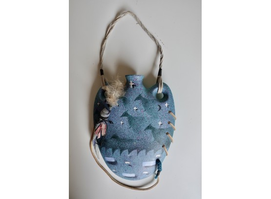 Signed Clay Pottery Art Piece With Feather And Leather, 'waking For Someone's Dream'