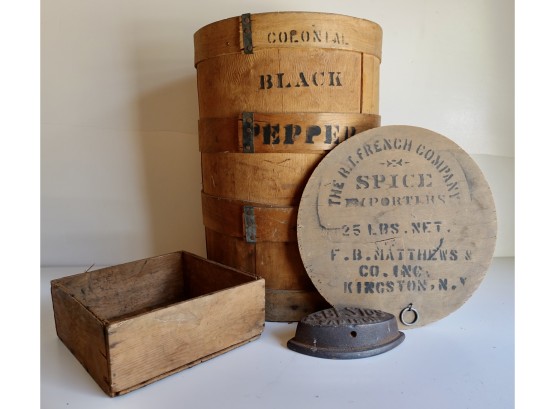 Antique Iron, Colonial Spice Barrel, & Wood Box