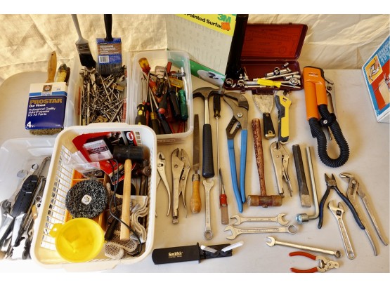 Assorted Tools Including Hammers, Screwdrivers, Vice Grips, Paint Brushes, Socket Set, Drill Bits And More