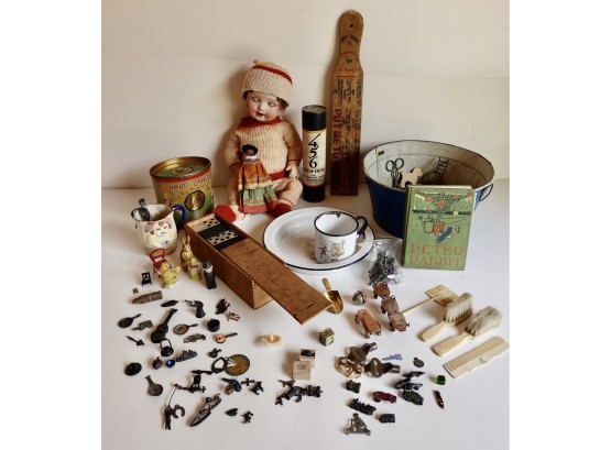 Vintage & Antique Toys And Games Including Doll, Enamel Baby Plate/mug, & Miniature Playing Pieces & Charms