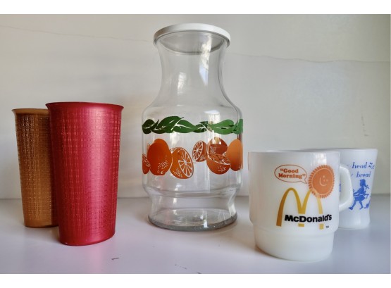 Vintage Juice Jar, Milk Glass Mugs, Aluminum Tumblers