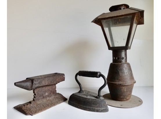 Antique Geneva 5 Iron, Jeweler's Anvil, & Gas Lamp
