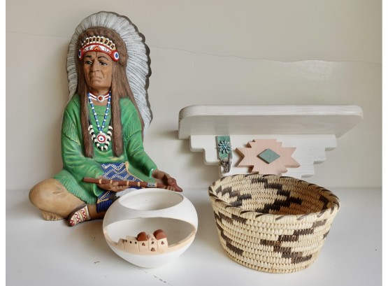 Native American Style Decor Including Shelf, Basket, Votive Holder, And Figurine