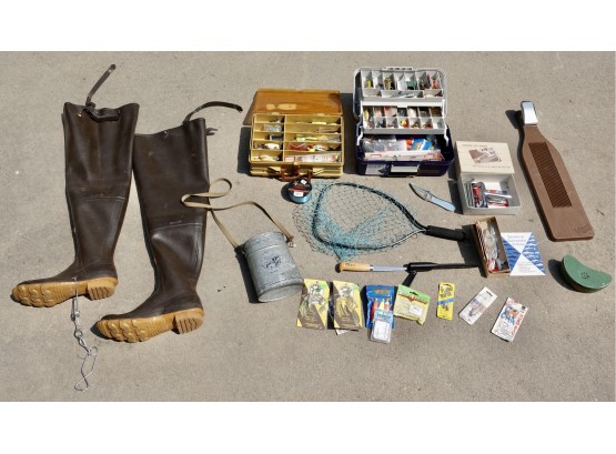 Two Tackle Boxes With Tackle, Waders, Bait Canteen, Ipco Filet Knife, & Other Fishing Supplies
