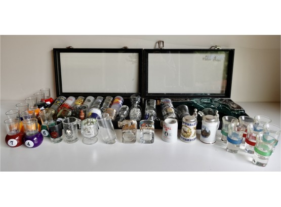Large Collection Of Shot Glasses & Tequila Gun Bottle Including Display Cases
