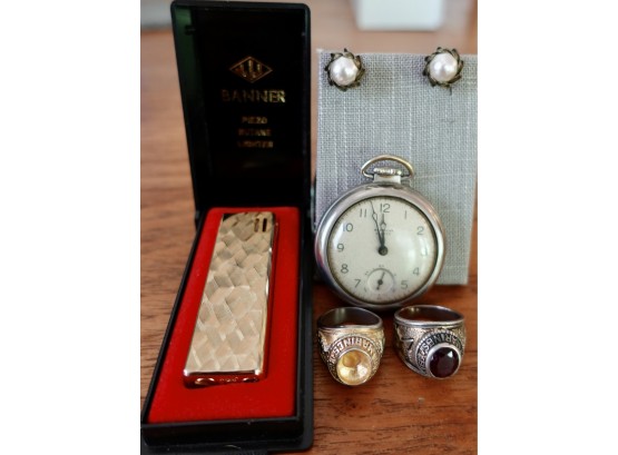 Assorted Men's Accessories Including 925 Marine Corp Ring , Vintage JJJ Lighter, & Westlcox Pocket Watch