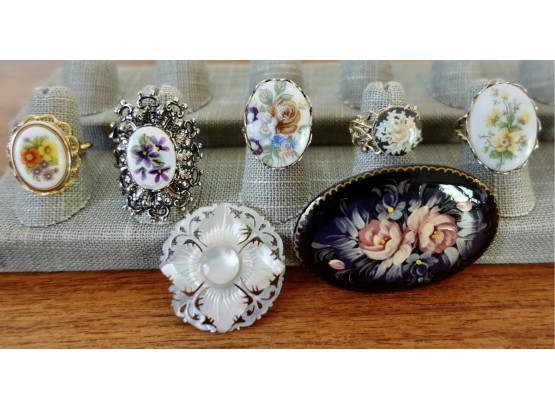 Assorted Rings And Pins With Floral Motif