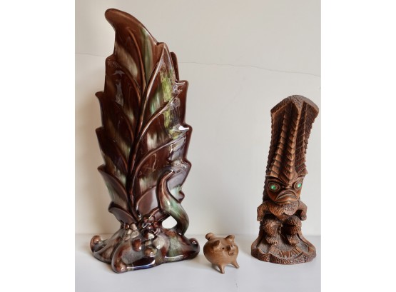 Vintage Ceramic Vase, Hawaiian Tiki Doll, & Small Mid Mod Pig