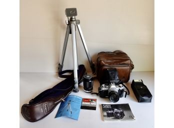 Vintage Canon AE-1 SLR Camera With Case, Sigma Lens, Flash, Sears Tripod, & More