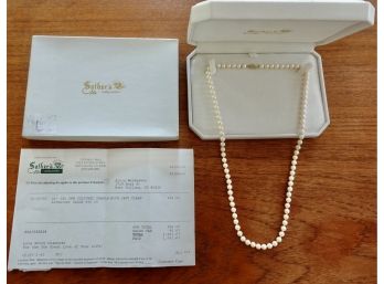 24' Cultured Pearl Necklace With 14K Gold Clasp In Box With Original Sather's Receipt