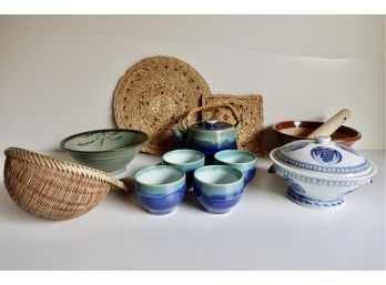 Asian And Asian Style Ceramics Including Tea Set, Strainer, Bowls, & More