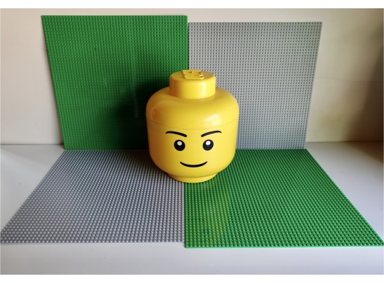 4 Very Large Lego Base Plates & Lego Head Storage Container