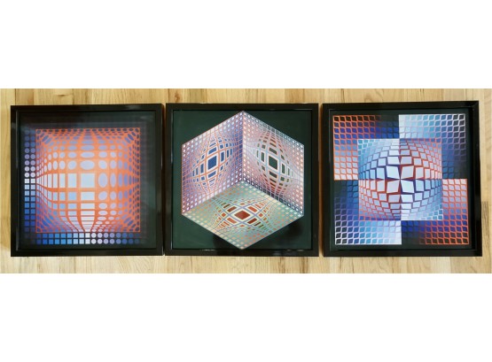 3 Framed Op Art Prints By French-Hungarian Artist Victor Vasarely