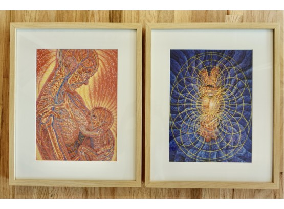 2 Alex Gray Prints, 'Nursing' &  'Tantra' In Light Wood Frames