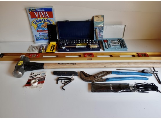 Assorted Tools Including Sledge Hammer, 48' Level, Socket Sets, Hex Sets, & More