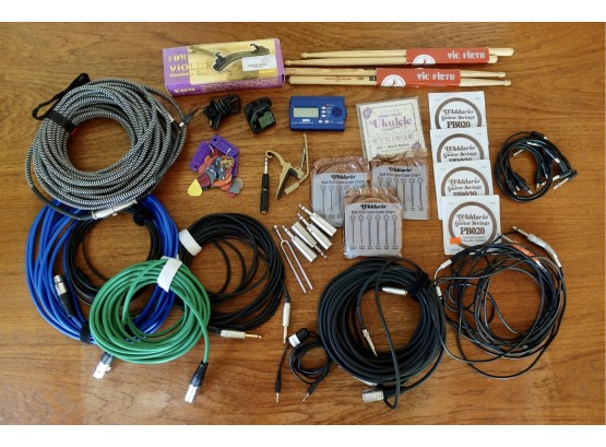 Assorted Musical Accessories Including Cables, Metronome, Guitar Strings, Drumsticks, Tuner, Adapters, Picks