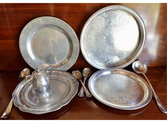 Assorted Vintage Silver Plate Trays And Serving Pieces
