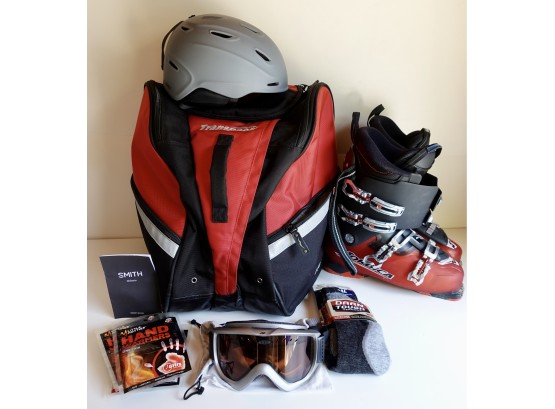 Nordica Sz 28.0 Alpine Ski Boots, Smith Ski Helmut, Smith Ski Goggles, Accessories, & Carrying Case For It All