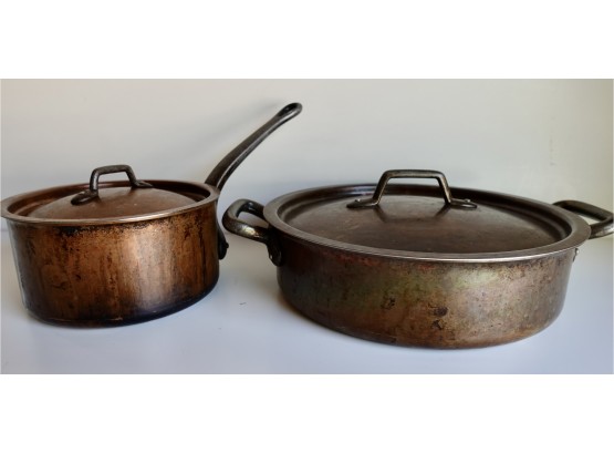 Matfer Bourgeat Copper 18cm Sauce Pan And & 28cm Braisier Stainless Lined Pans With Lids