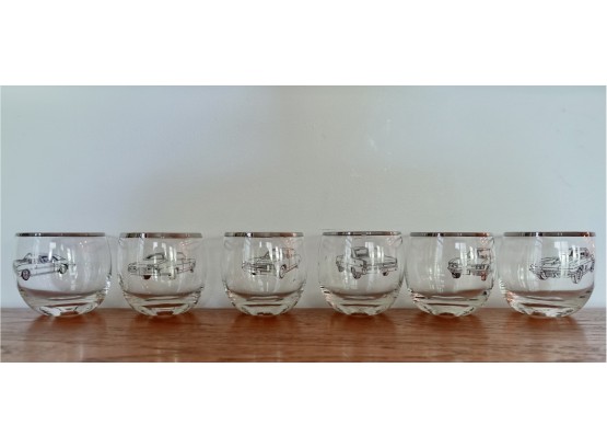 6 Mid Century Roly Poly Glasses With Chevy Cars And Silver Rims