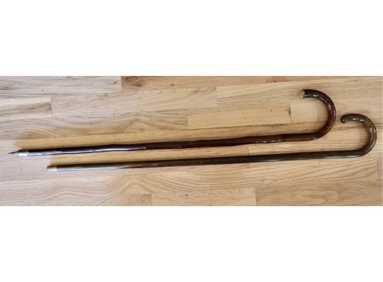 2 Antique Wood Canes, 1 With Horn Tip