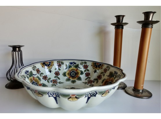 Gorgeous Large 1964 Royal Delft Bowl, Italian Candleholder, & More