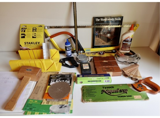 Assorted Wood Working Tools Including Saws, Sharpening Stones, Sand Paper, Miter Box, & More