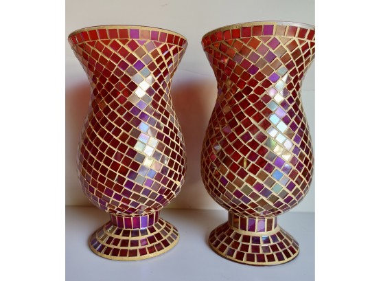 Two 11' Tall Mosaic Glass Candle Hurricanes
