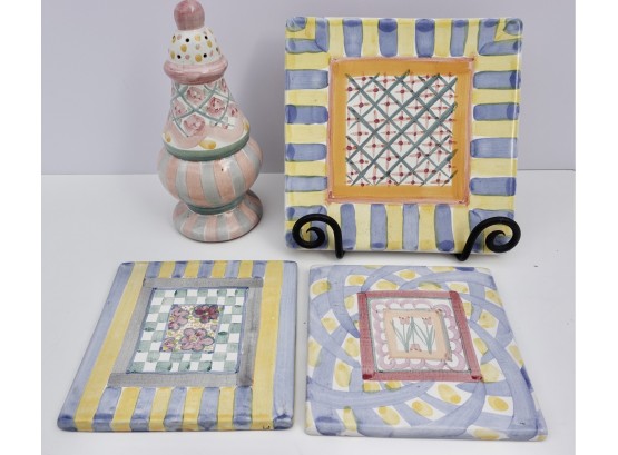McKenzie Childs Hand Painted Tile Trivets & Large Shaker
