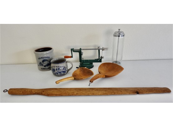 Stoneware, Apple Corer, Straw Holder, And Antique Wood Pieces