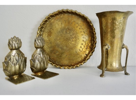 Brass Vase, Tray, And Pineapple Bookends